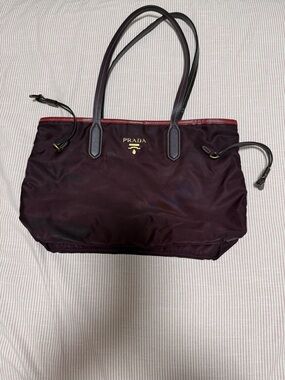 Prada Plum Nylon Tote with Burgundy Trim and Gold Hardware